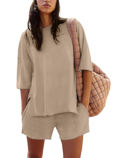 ✨2025 NEW Trendy Casual Solid Color Suit with Slit Top and Shorts