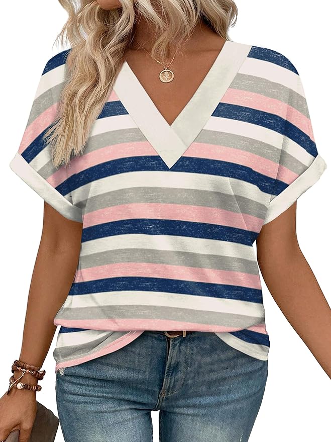✨Womens Summer V Neck Short Sleeve Solid Color Basic T Shirt