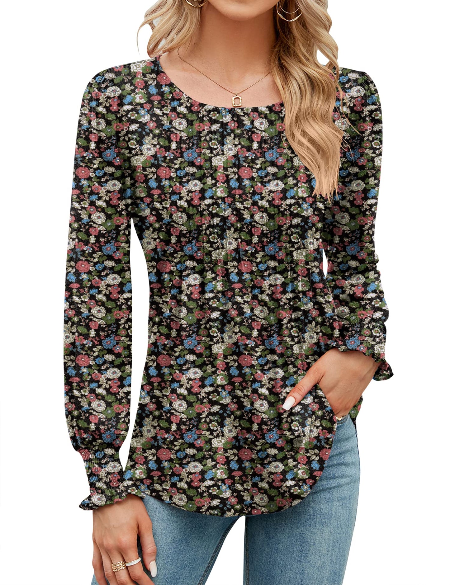 ✨Puff Long Sleeve Pleated Crew Neck Tunic Top