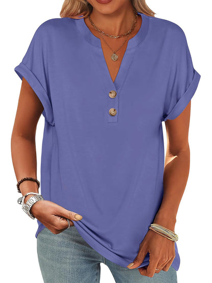 ✨Women's V Neck Button Casual Loose Fit Short Sleeve Henley Tops