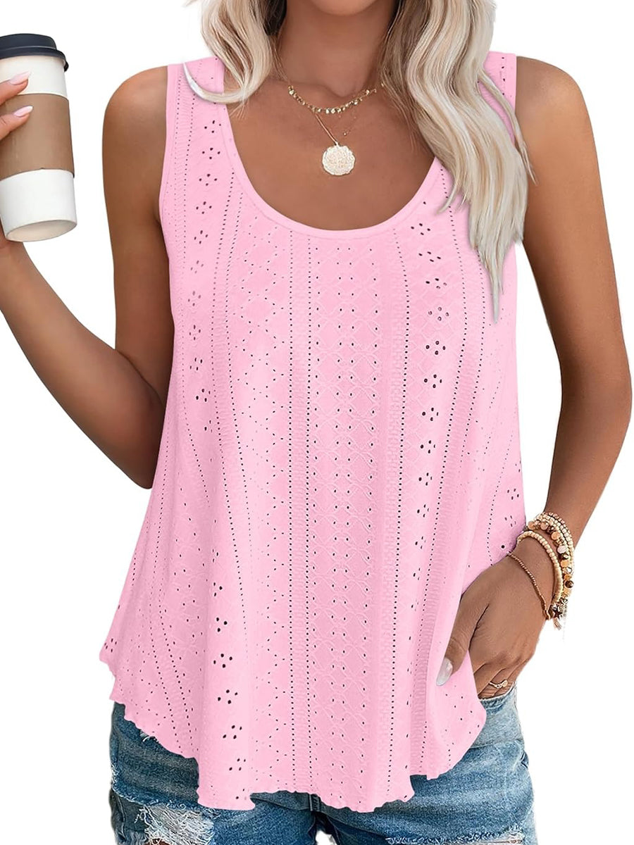 HOT SALE Women's Casual Loose Scoop Neck Wide Strap Eyelet Tank Tops