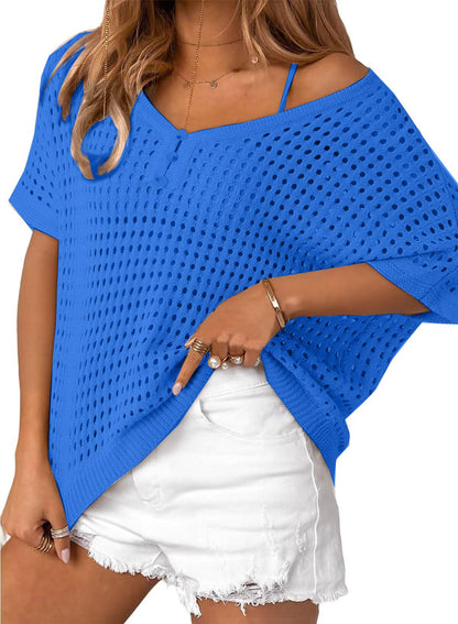 ✨Womens Summer V Neck Short Sleeve Button Down Sweater Casual Crochet Hollow Out Knit Tops Beach Coverup