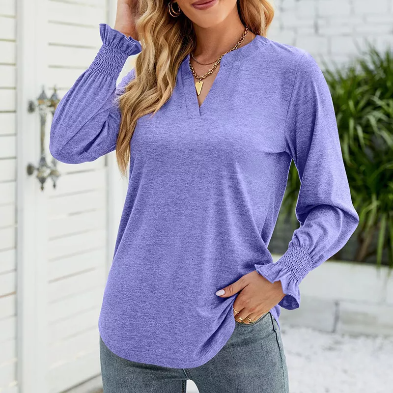 🔥Ladies Basic Ruffle Tops Casual Solid Color T Shirt Plain