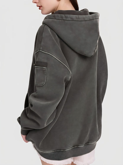 Women Vintage Washed Half Zip Oversized Hoodie