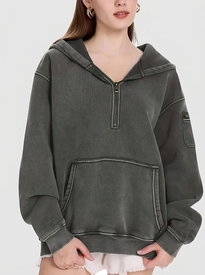 Women Vintage Washed Half Zip Oversized Hoodie