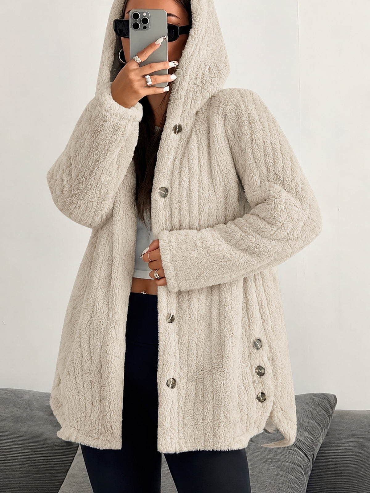 Side Slit Button Hooded Plush Outerwear