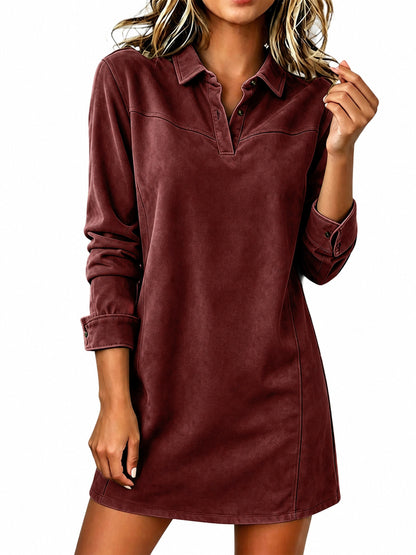 Women's Faux Suede Lapel Long Sleeve Shirt Dress