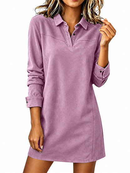 Women's Faux Suede Lapel Long Sleeve Shirt Dress