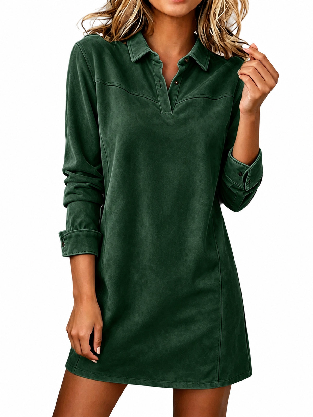 Women's Faux Suede Lapel Long Sleeve Shirt Dress