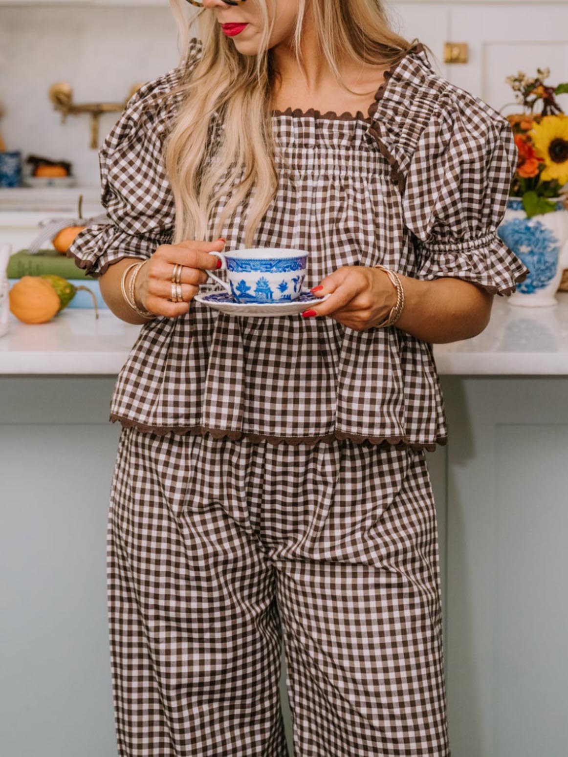 Women's Plaid Ruffle Puff Sleeve Pajamas Set