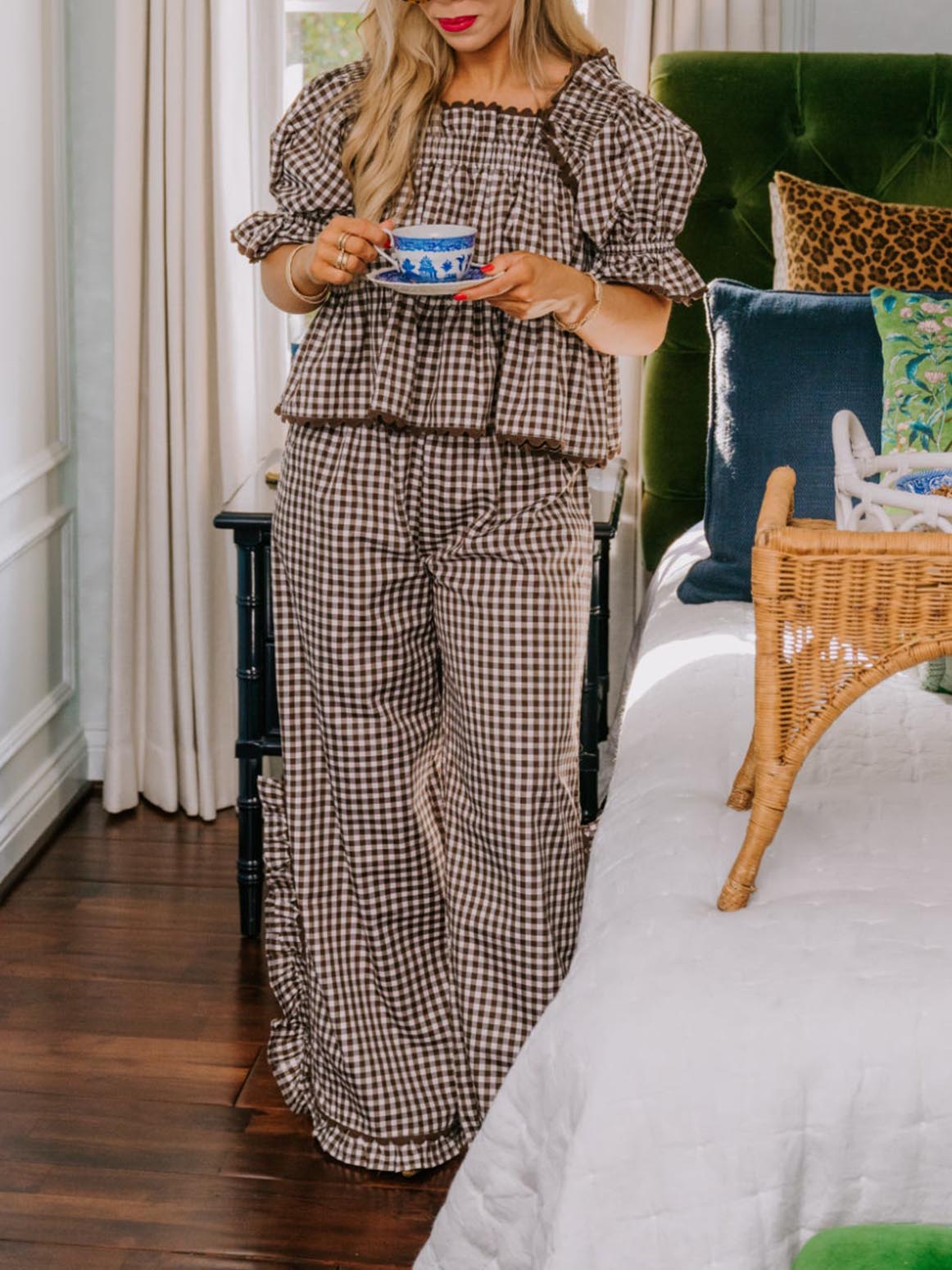 Women's Plaid Ruffle Puff Sleeve Pajamas Set