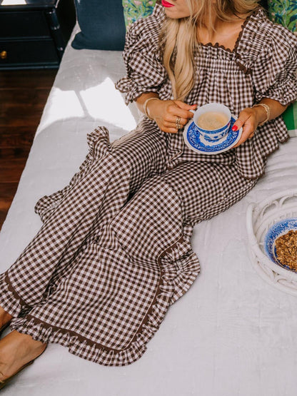 Women's Plaid Ruffle Puff Sleeve Pajamas Set