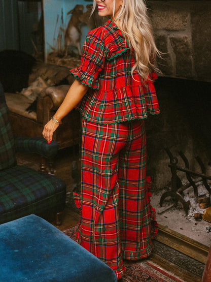 Women's Plaid Ruffle Puff Sleeve Pajamas Set