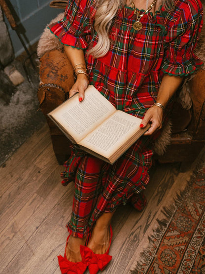 Women's Plaid Ruffle Puff Sleeve Pajamas Set