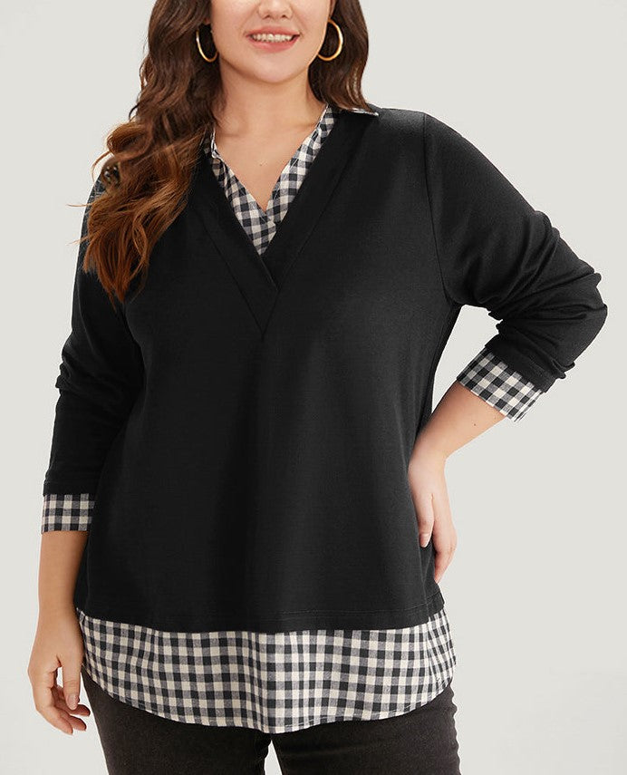 Plaid patchwork shirt V-neck curved hem sweatshirt