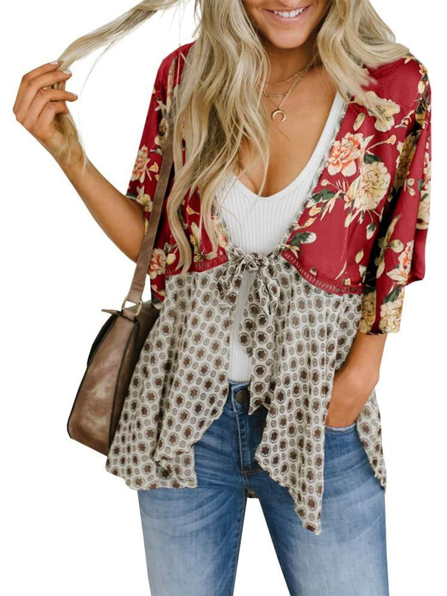 ⏰Hot Sale-Women's Floral Kimono Ruffle Sleeve Tie Cardigans Flowy Boho Loose Cover Ups