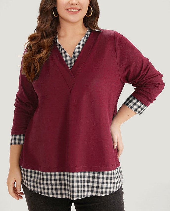 Plaid patchwork shirt V-neck curved hem sweatshirt