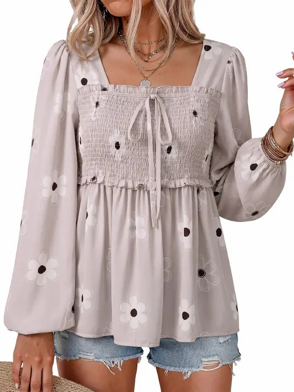 Women Loose Long Sleeve Square Neck Smocked Ruffle Peplum Casual Blouse