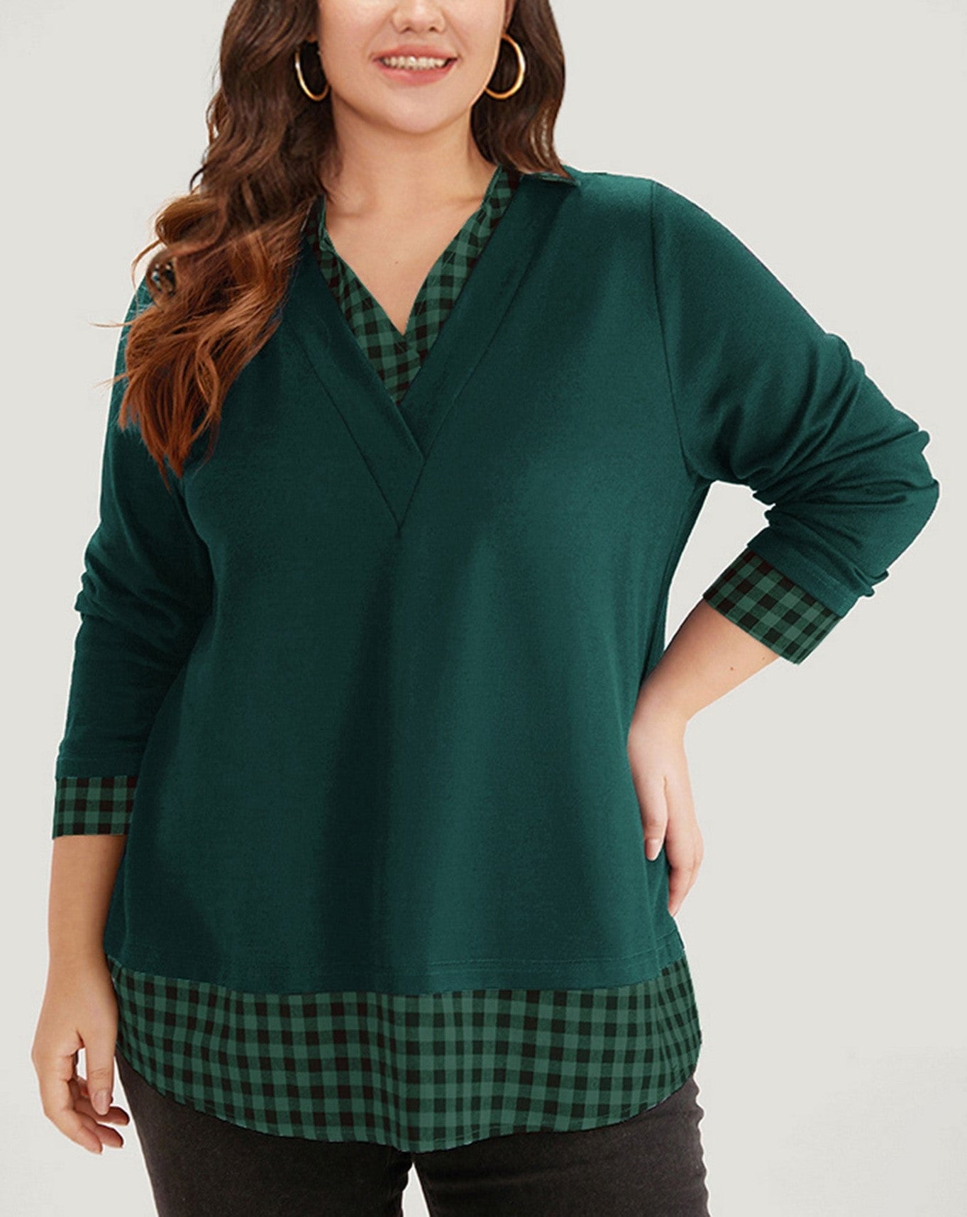 Plaid patchwork shirt V-neck curved hem sweatshirt
