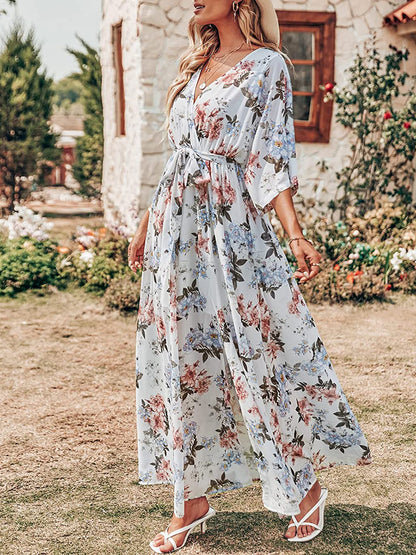 V Neck Floral Print Slit Long Dresses