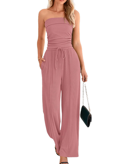 Women Anti-Slip Tube Top Wide Leg Pants 2 Piece Casual Matching Lounge Set