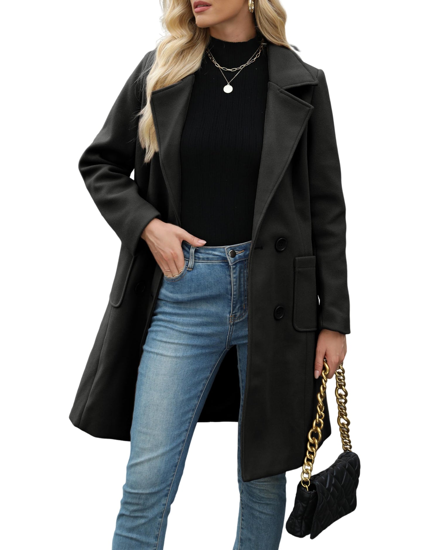 Women Open Front Wool Coat Lapel Double Button Mid‑Length Overcoat With Pockets
