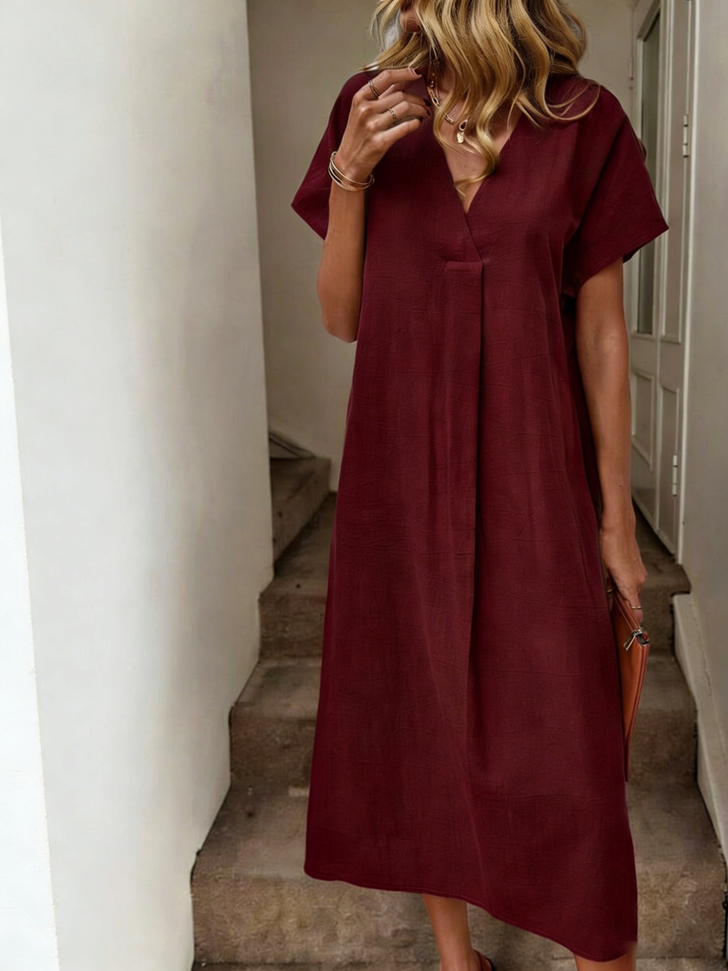 Women's Solid V-Neck Raglan Sleeve Loose Cotton Midi Dress