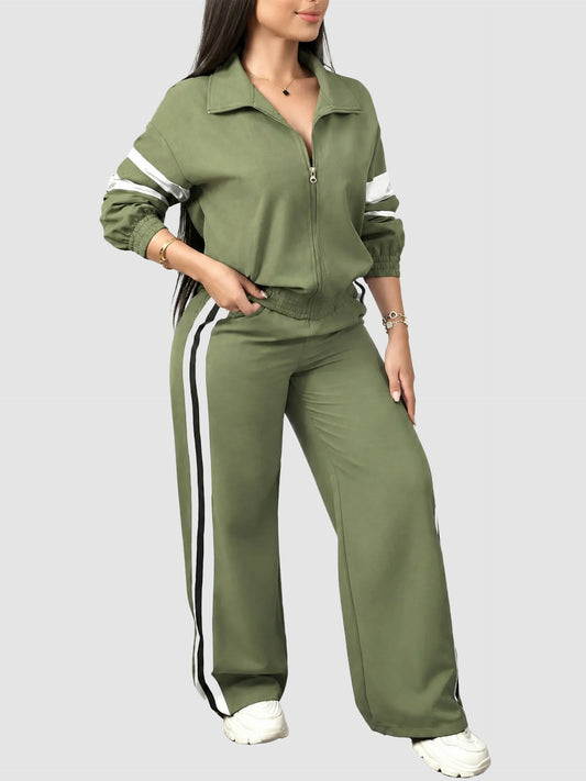 Women Zip Jacket & Striped Wide Leg Pant Set