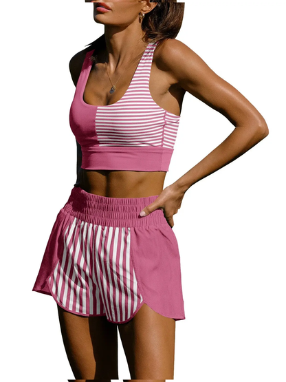 Women Striped Colorblock Pocket Activewear 2 Piece Workout Matching Set