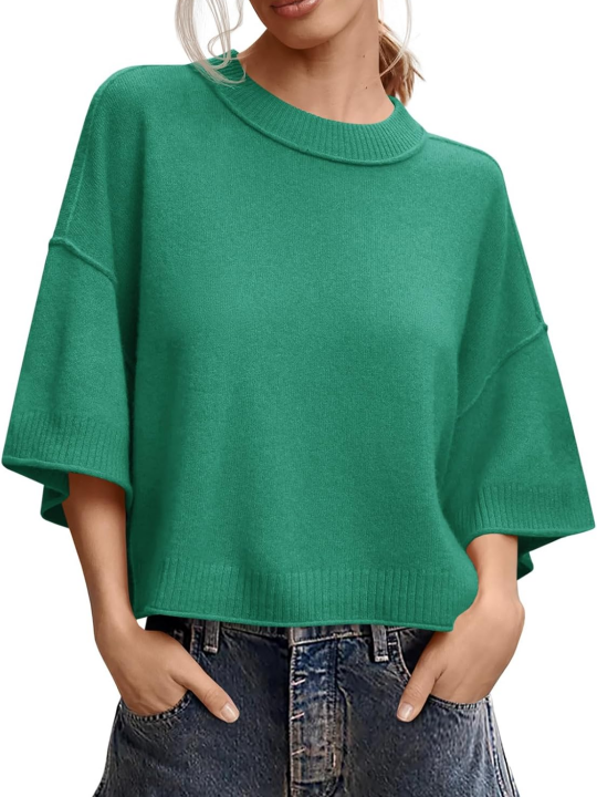 Oversized Cropped Short‑Sleeve Knit Top 🍂 Drop‑Shoulder Crew Neck Exposed‑Stitching Casual Tops