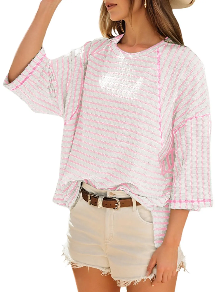 Multi-Tone Striped Relaxed Oversized Crew Neck T-Shirt