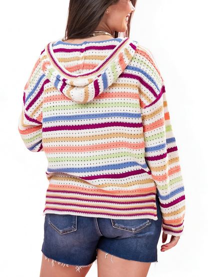 Women's Multicolor Stripe Drawstring Hooded Long Sleeve Knit Pullover