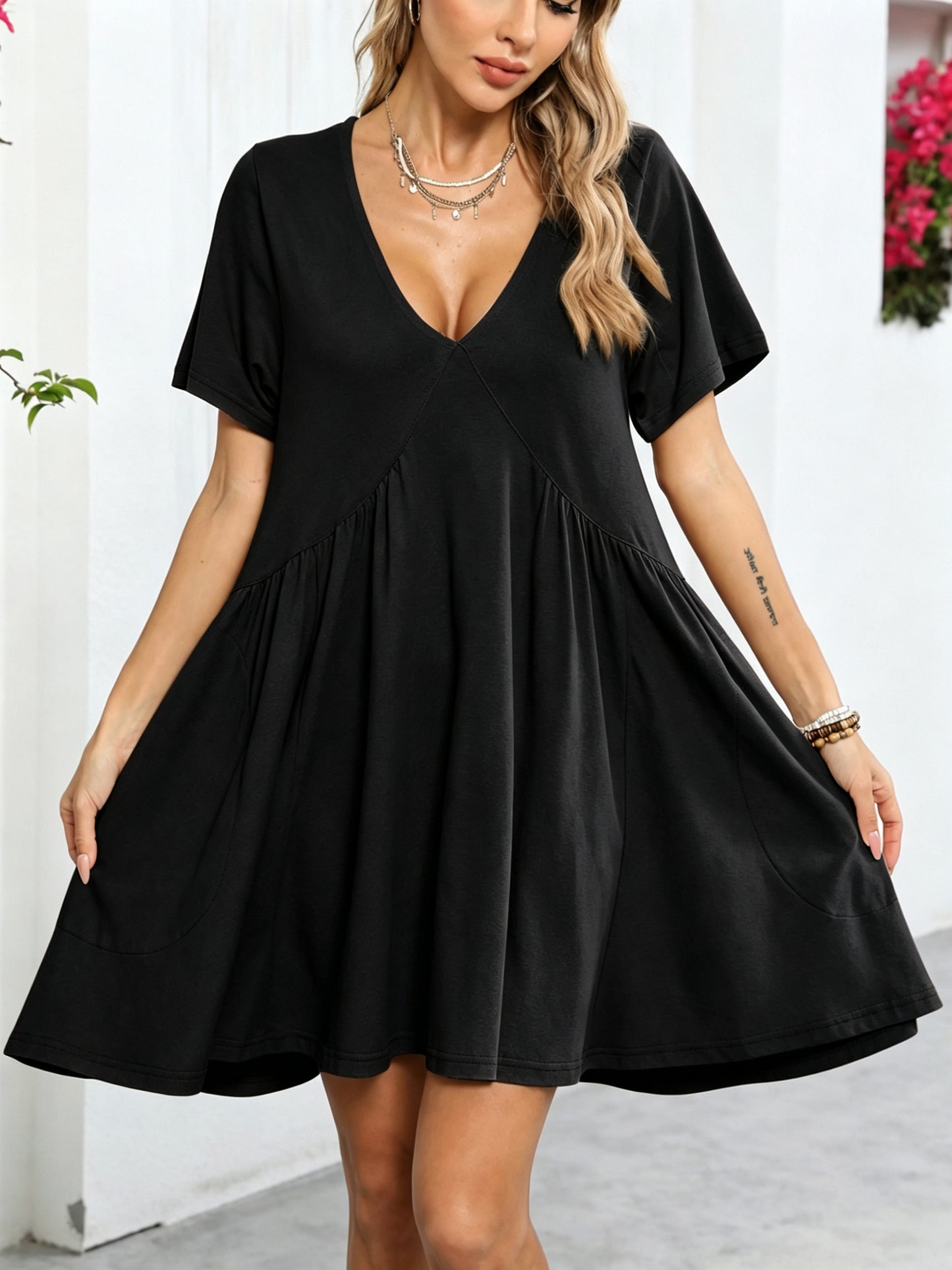 Womens Loose V Neck Short Sleeve Summer Mini Dress With Pockets