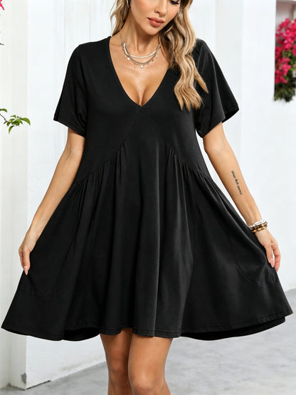 Womens Loose V Neck Short Sleeve Summer Mini Dress With Pockets