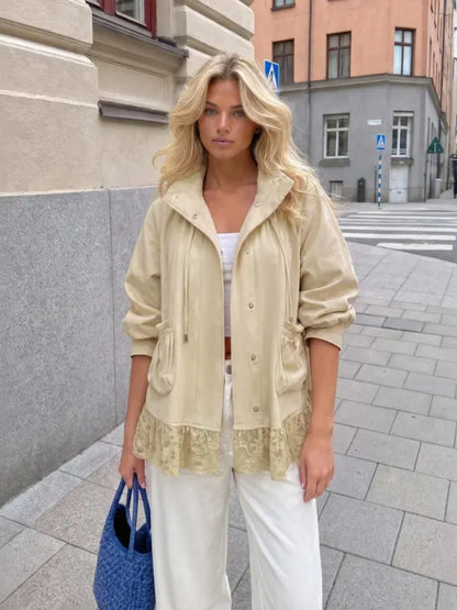 Women Lace Hem Stand‑Collar Drawstring Loose Jacket