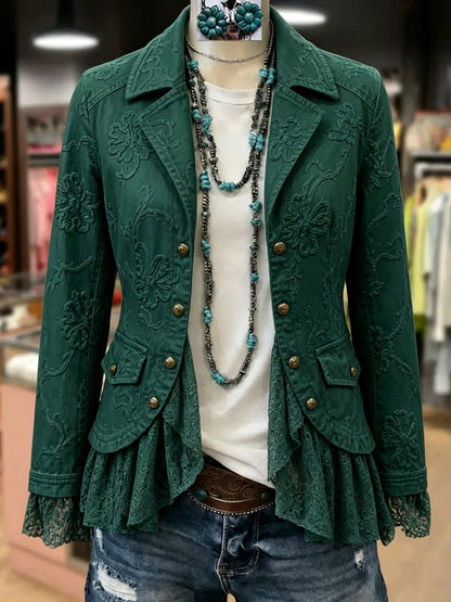 Women Floral Embroidery Lace Patch Long Sleeve Outer Jacket