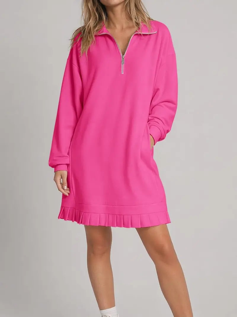 Hot Sale-Women's Half Zip Sweatshirt Dress with Pleated Hem