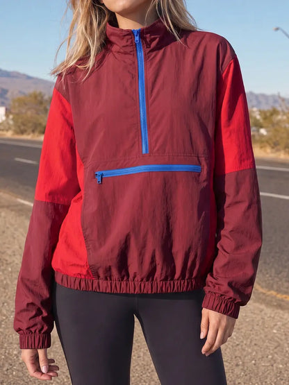 Women Retro Color Block Half Zip Windbreaker