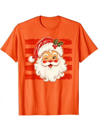 Vintage Christmas Santa Print Casual Short Sleeve Top