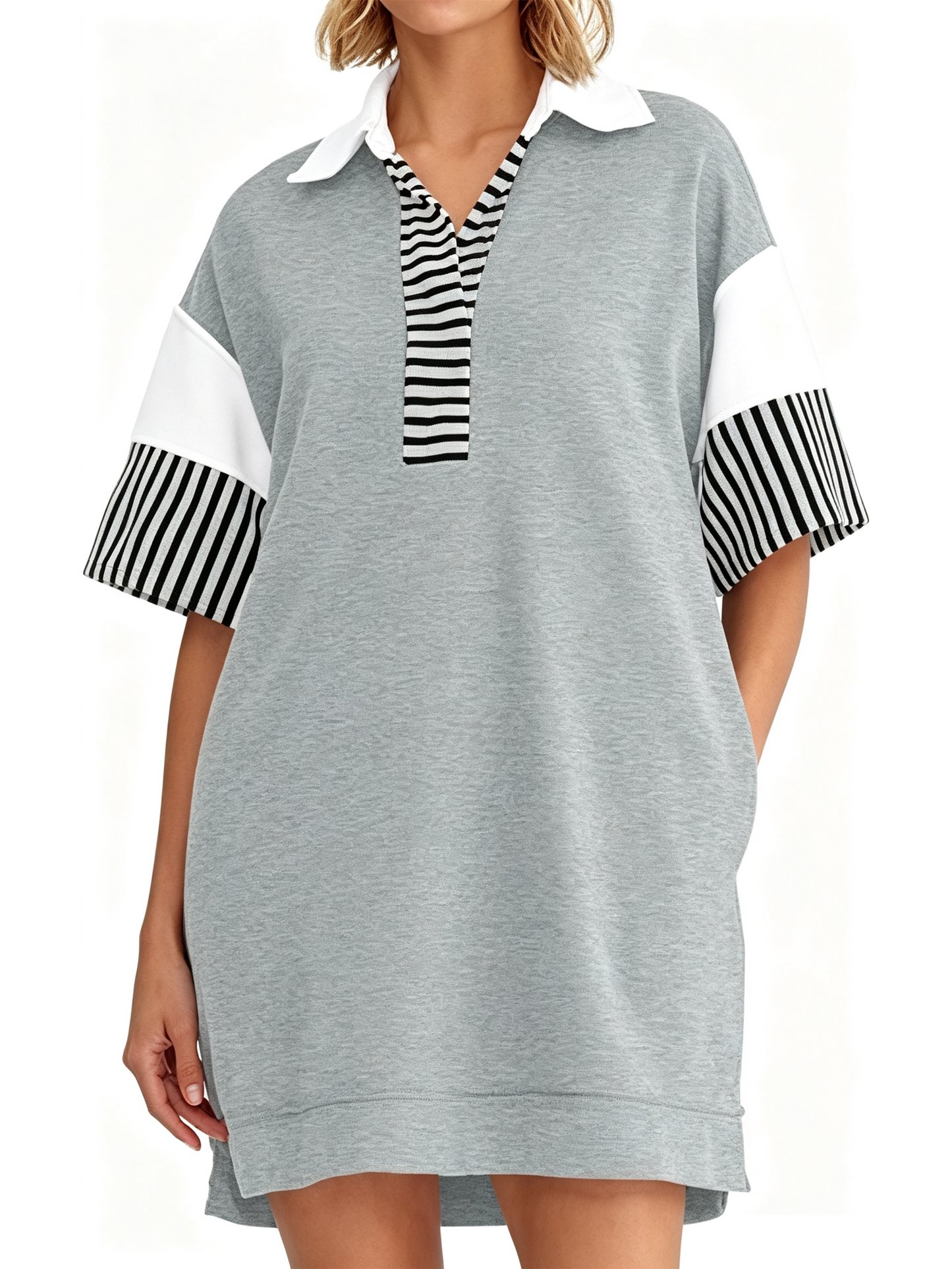 Oversized Color Block Striped Polo V Neck Mini Dress With Side Pockets