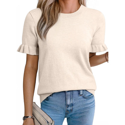 Women's Crew Neck Ruffle Short Sleeve Knit Top