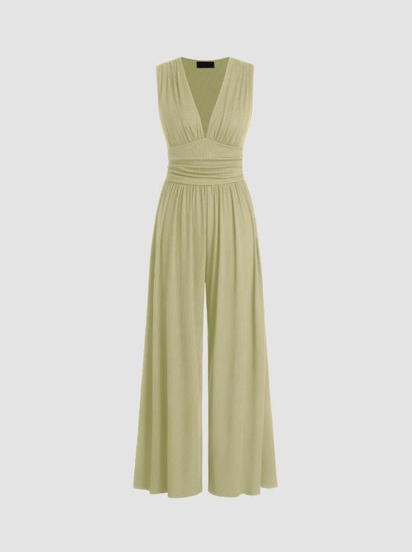 V-neck Ruched Solid Wide Leg Jumpsuit