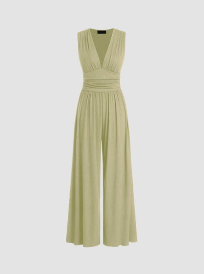 V-neck Ruched Solid Wide Leg Jumpsuit