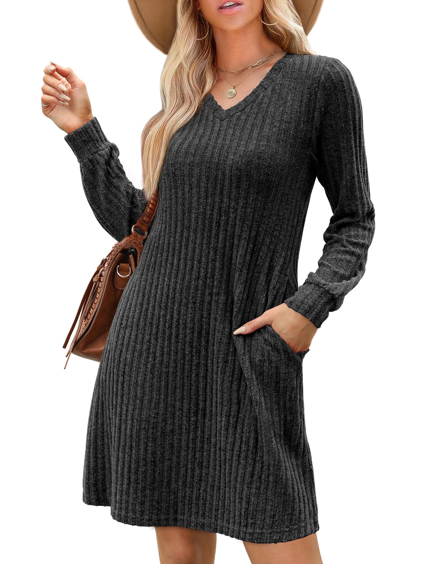 Women's V Neck Long Sleeve Casual Fall Dresses