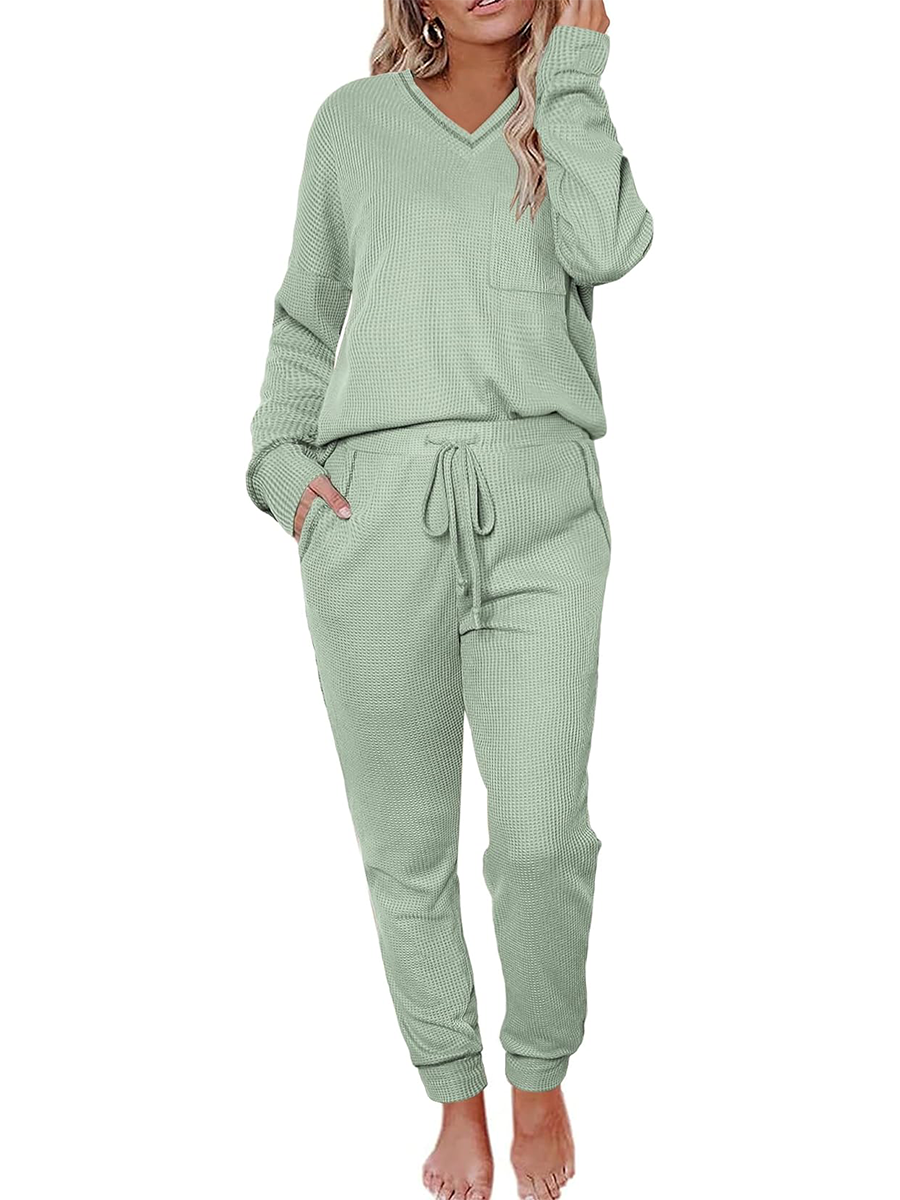 ✨V Neck Waffle Knit Sleepwear Top and Pant Lounge Sets