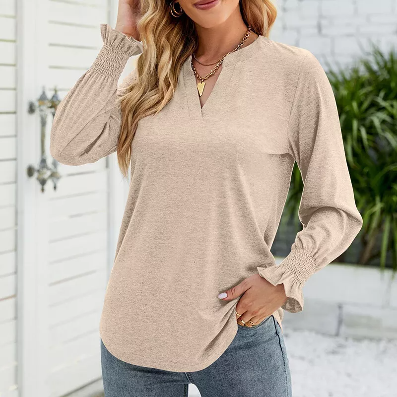 🔥Ladies Basic Ruffle Tops Casual Solid Color T Shirt Plain