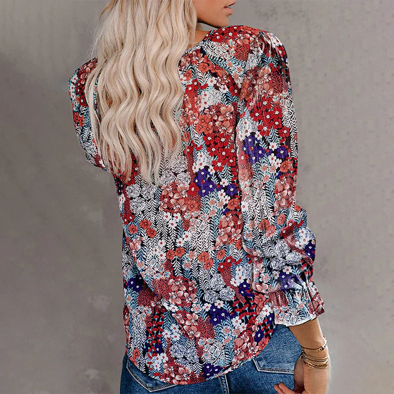 ✨Women Boho Floral Print V Neck Drawstring Long Sleeve Blouse Top (Final Days: Big Savings!!!)