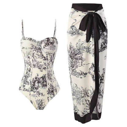 Women Adjustable Shoulder Strip Plant Prints One Piece Swimsuit and Skirt/Sarong