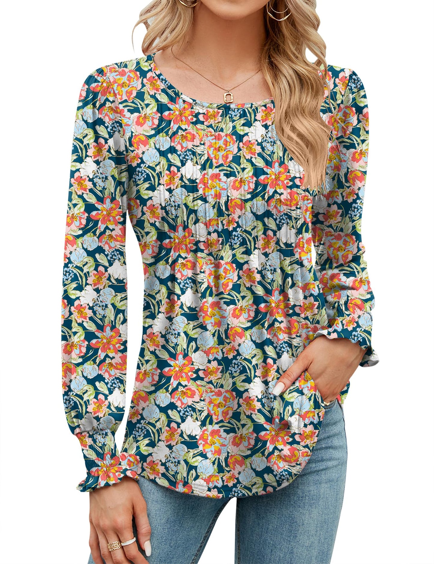 ✨Puff Long Sleeve Pleated Crew Neck Tunic Top