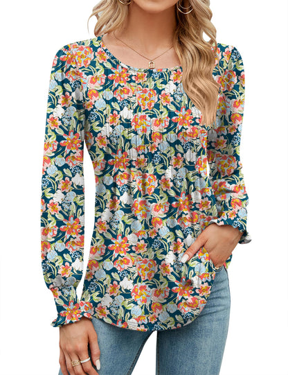 ✨Puff Long Sleeve Pleated Crew Neck Tunic Top